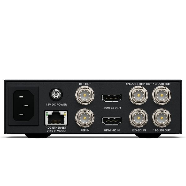 compact professional video converter with front-panel LCD, control buttons, and multiple SDI, IP, and reference connections for up, down, and cross conversion