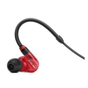 ennheiser IE 100 Pro in-ear monitors in red, featuring a sleek, ergonomic design with a transparent housing and over-ear cable.