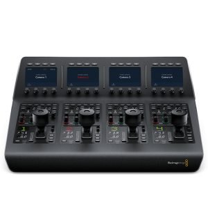 professional broadcast camera control surface with precision joystick, smooth iris and focus wheels, and customizable buttons for live production switching