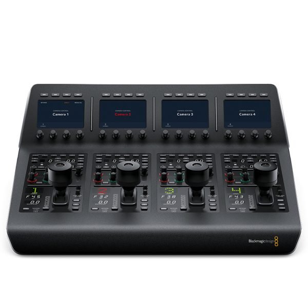 professional broadcast camera control surface with precision joystick, smooth iris and focus wheels, and customizable buttons for live production switching