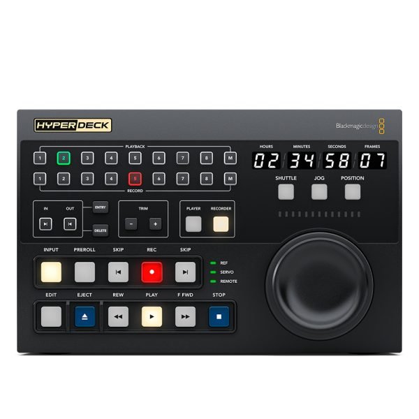 Blackmagic Design HyperDeck Extreme Control, professional broadcast deck control panel with traditional transport buttons, jog/shuttle wheel, and integrated LCD screen