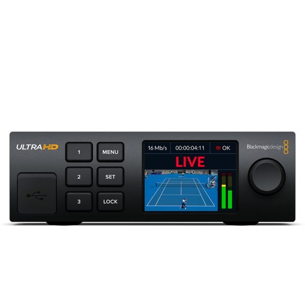 compact black professional video decoder with front panel LCD screen, control buttons, and rack-mountable desig