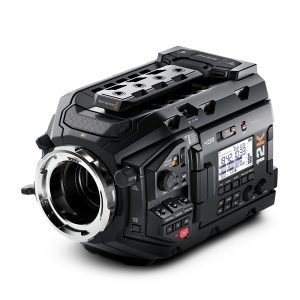 Blackmagic Design URSA Mini Pro 12K digital film camera, professional cinema camera with matte black body, large lens mount, control buttons, and fold-out LCD screen.