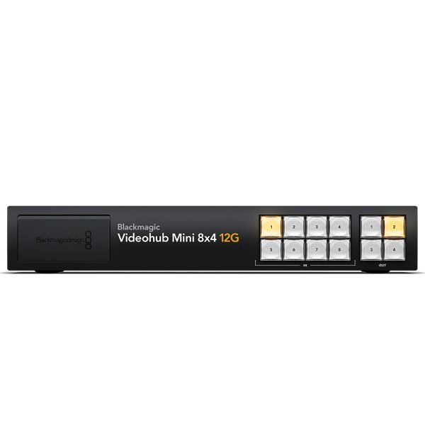 lackmagic Design Videohub Mini 8x4 12G video router, compact rack-mount unit with front panel LCD screen and control buttons