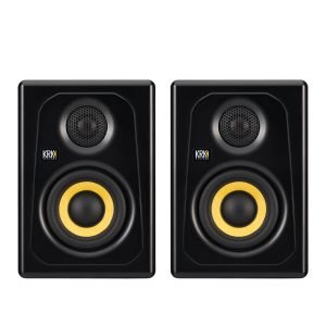 KRK Kreate 3 powered studio monitors, pair of professional black speakers with yellow Kevlar woofers, designed for music production and mixing