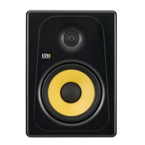 RK Kreate 8 powered studio monitor with sleek black cabinet, front-firing port, and iconic yellow woofer cone, designed for professional music production and mixing