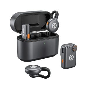 Complete Hollyland LARK M2S Combo wireless mic kit including dual mics, receiver, cables, and charging case arranged on desk