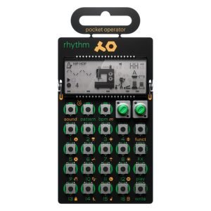 Teenage Engineering PO-12 Rhythm portable drum machine and sequencer, showing compact design with buttons and display screen
