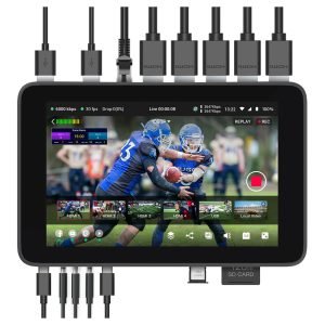 compact all-in-one live video switcher with touchscreen display, multiple input ports, and built-in encoder for professional multi-platform broadcasting
